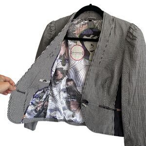 St-martins Cotton Striped Blazer Embellished Butterfly Embroidery Black White 36